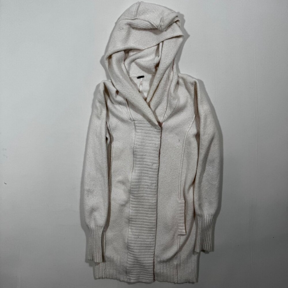 Free People Hooded Cardigan Knit Ivory Lace Mixed Media L Cottagecore Boho Cozy - Picture 9 of 11